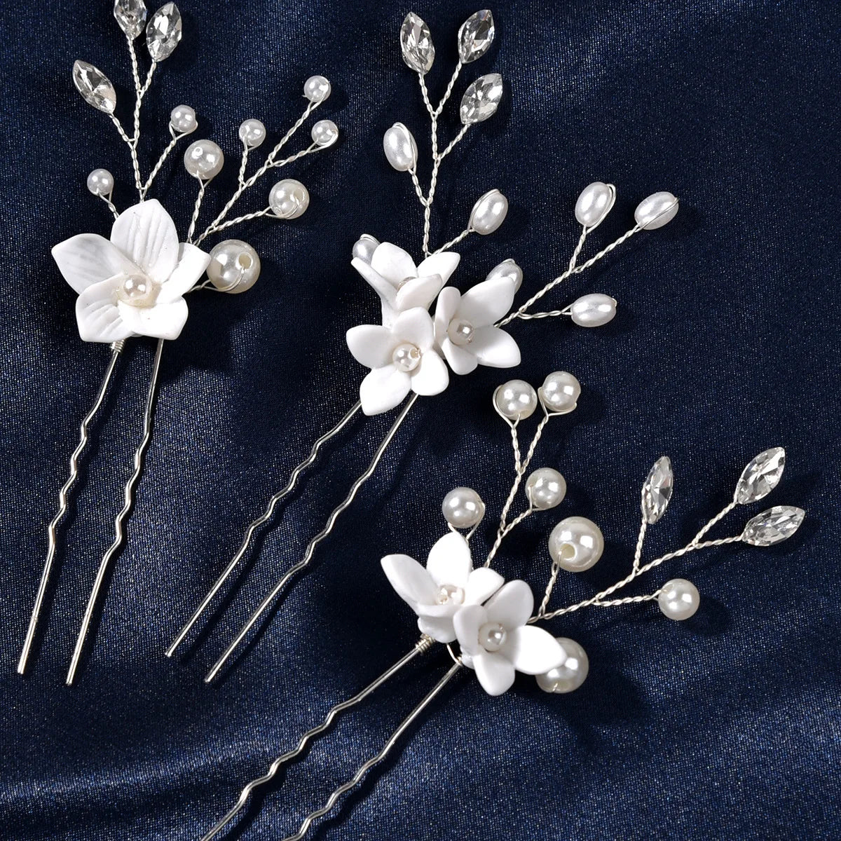 Horquilla en forma de U de 3 piezas con perlas y flores para mujer, accesorios de aleación para el pelo, tocado de joyería para boda