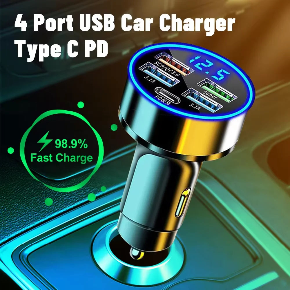 5 Ports Fast Charge PD QC3.0 USB C 250W LED Car Charger Car Phone Charger Type C Adapter in Car For iphone Samsung Huawei Xiaomi