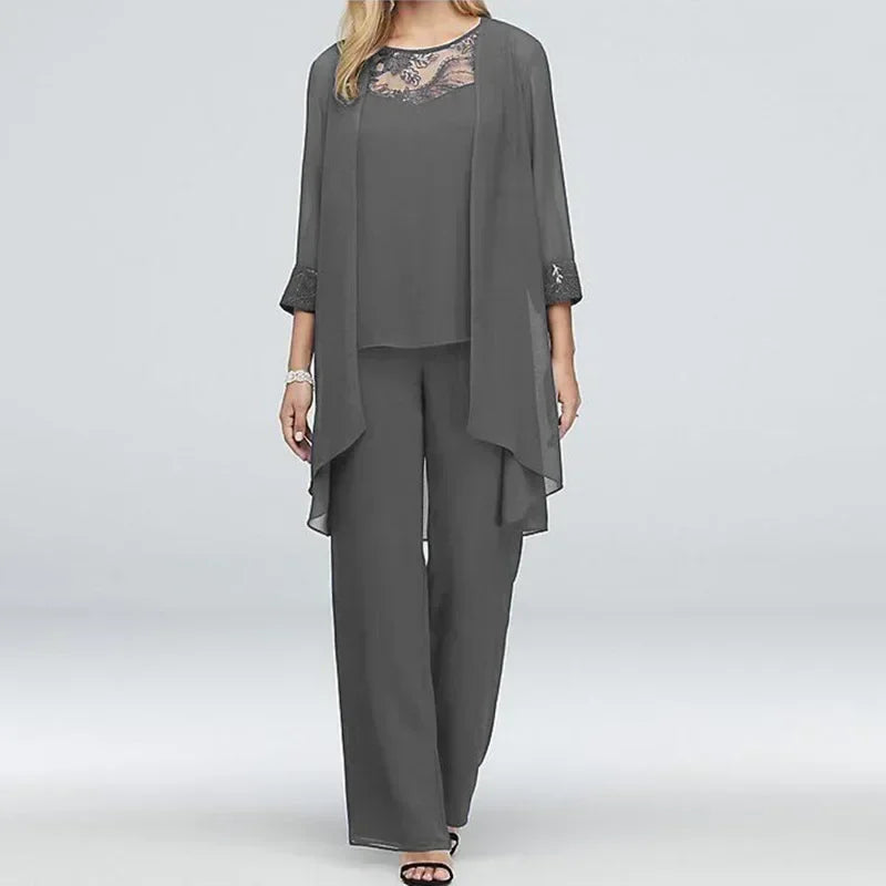 Conjuntos elegantes de pantalones para mujer, traje formal de oficina, tallas grandes, gasa, encaje, pantalones rectos, cárdigan, tops, conjuntos de 3 piezas para mujer