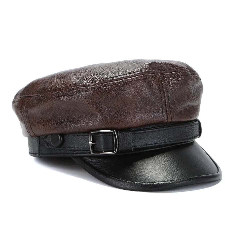 Sombrero de marca de lujo para mujer y hombre, gorras militares negras de cuero auténtico, sombreros planos para estudiantes, gorras de capitán ajustables para otoño e invierno