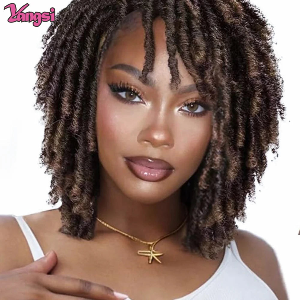 Full Star 14“ Dreadlock Curly Wigs for Black Woman Ombre Burgundy Brown Color Short Curly Locs Braids Wigs Party Daily Use