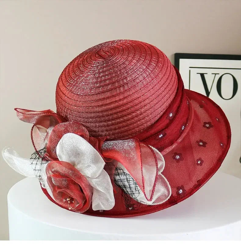 Sombrero de moda para mujer, elegante, de organza, con flor, ala ancha, para el sol, estilo retro, accesorio para fiesta o banquete, plegable para la playa