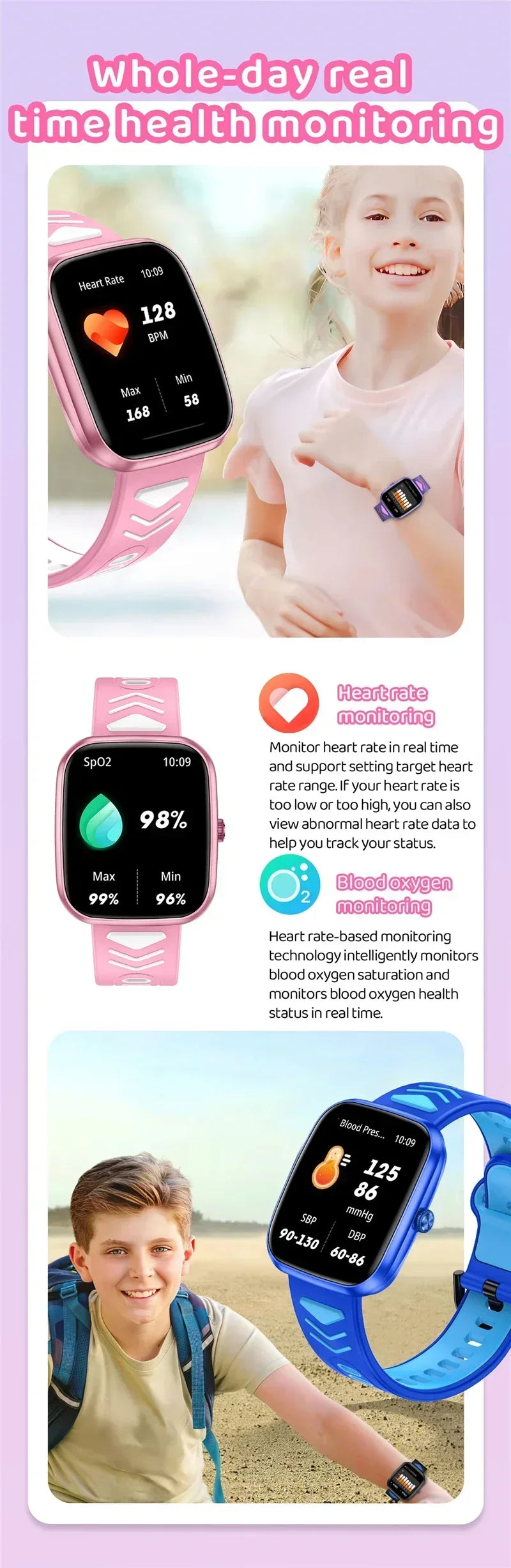 Montre connectée pour enfants, écran tactile HD de 1,75 pouce, bracelet connecté pour jeux et musique, cadeau idéal pour garçons et filles, compatible avec iOS et Android