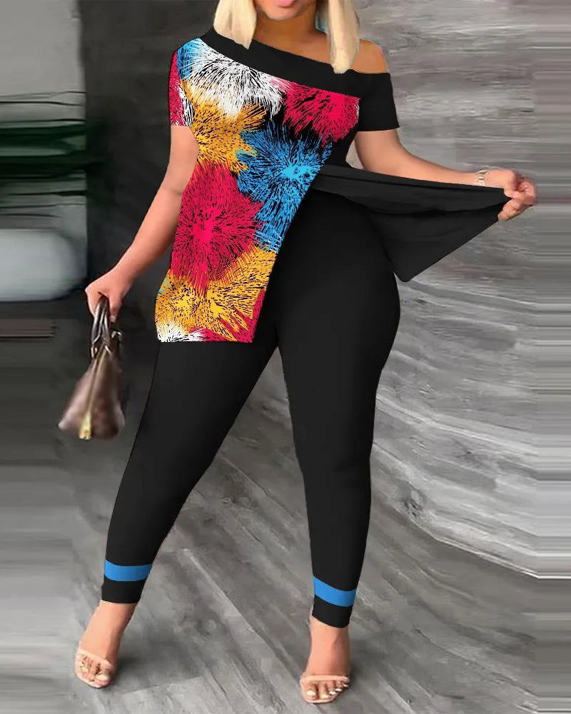 Conjuntos de dos piezas elegantes para mujer, nueva moda, estampado, top de manga con volantes, conjunto de pantalones de color sólido con cinturón, blusas, ropa femenina