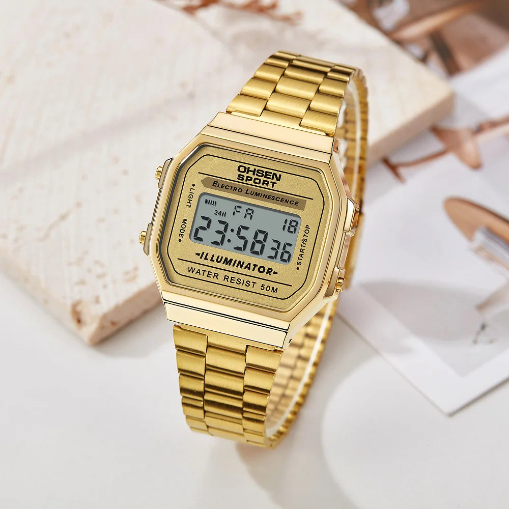 Relojes digitales para mujer de lujo dorados para mujer, deportivos, reloj de acero inoxidable, reloj electrónico, despertadores, regalos