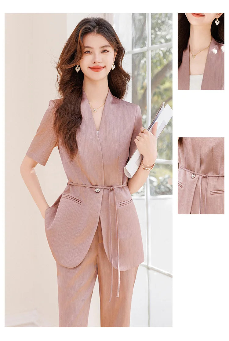 Damebuksedress med belte Sommer Kortermet V-hals Blazer og bukser Sett Elegant Kontorarbeidstøy Lilla Mote 2025