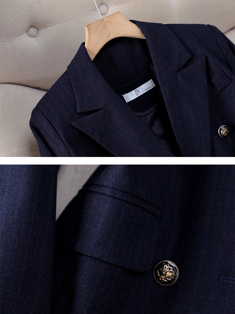 Traje de pantalón para mujer, para oficina, trabajo, conjunto de 2 piezas, blazer formal a rayas negras y azules y pantalón