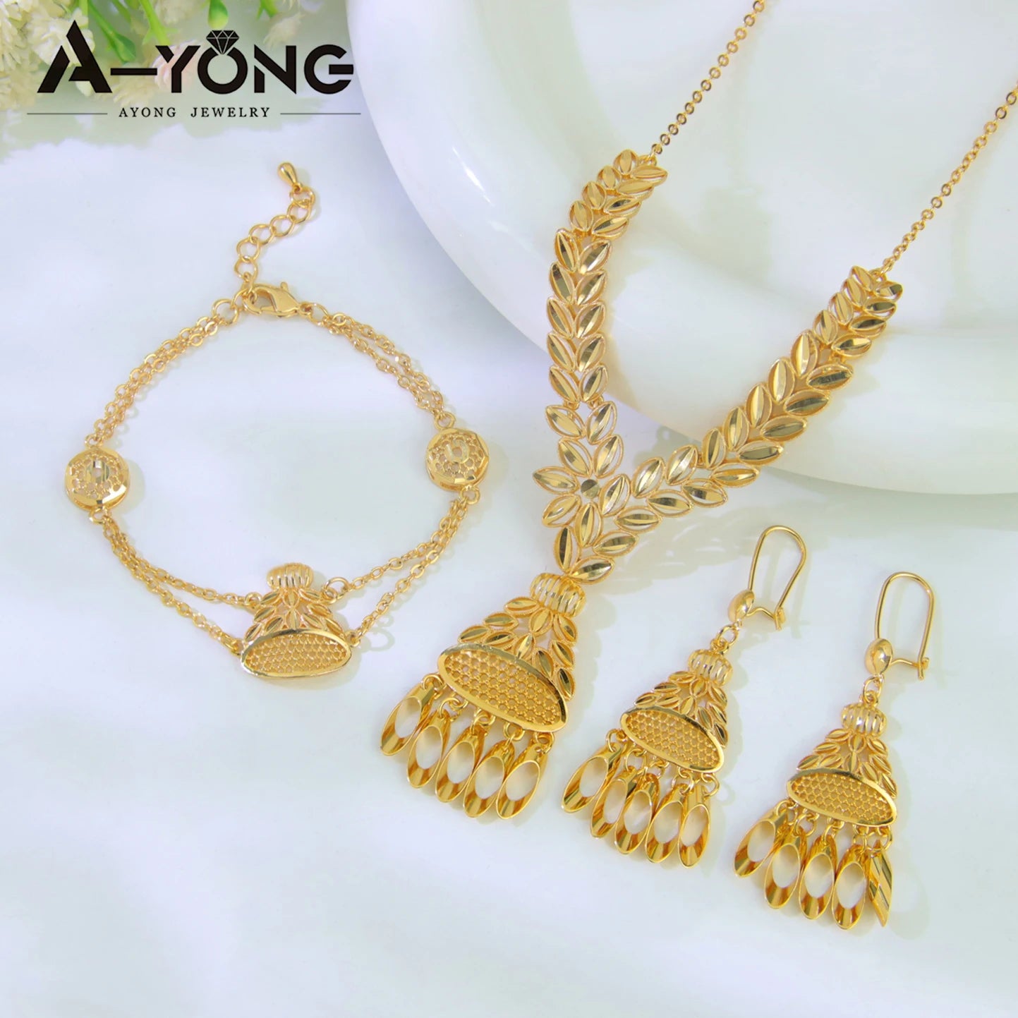Juego de joyas de boda de lujo de Dubái, chapado en oro de 21k, collar, pulsera y pendientes de oro nupcial árabe, joyería vintage para mujer brasileña