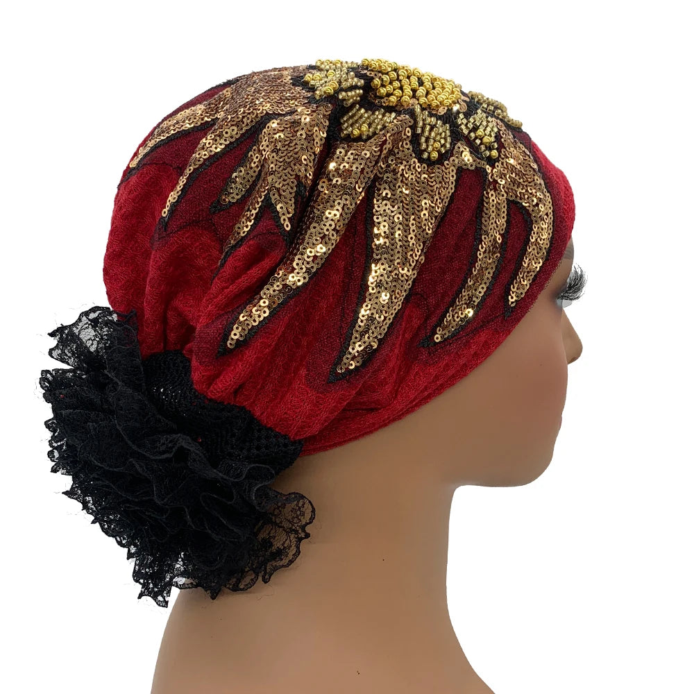 Sombrero turbante de encaje floral con diamantes de lujo, transpirable, pañuelo, gorro, envolturas para la cabeza, gorro de punto para mujer, cubierta para el cabello
