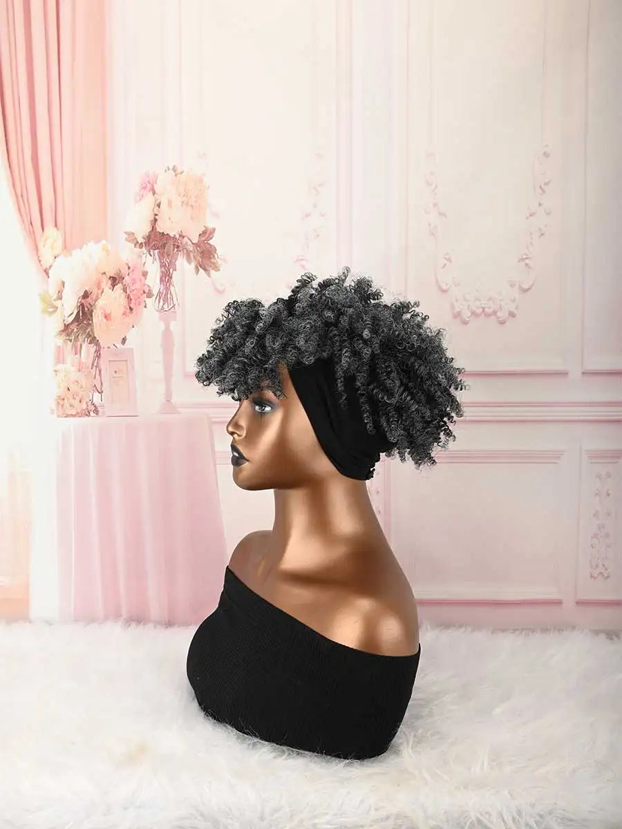Headband Wig Curly Headband Wig With Bangs For Women Synthetic Afro Curly Hair Wig With Headband Attached Short Kinky Curly Afro High Puff With Bangs Stripes Short Red Curly Wigs with Bangs for Women, Natural Wavy Synthetic H