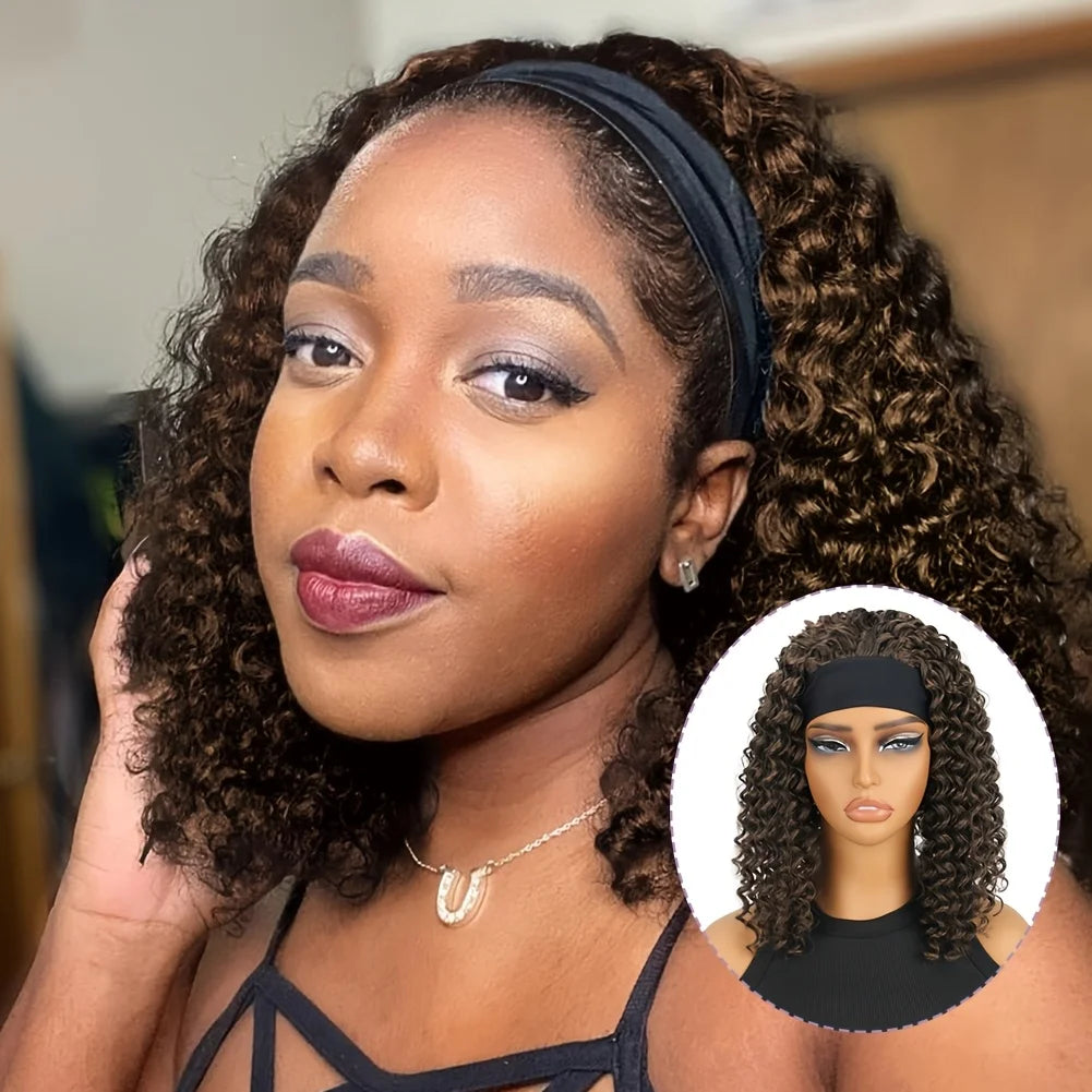 12" Afro Kinky Curly Headband Wig Synthetic Afro Curly Headband Wig Glueless Black Mix Brown Headband Wig For Women Daily Wear