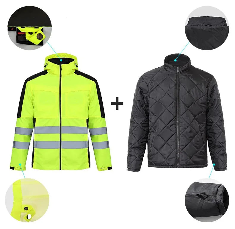 Trajes de trabajo de alta visibilidad amarillos para el invierno, conjunto de chaqueta impermeable de alta visibilidad 3 en 1 con forro y pantalones de trabajo para hombre
