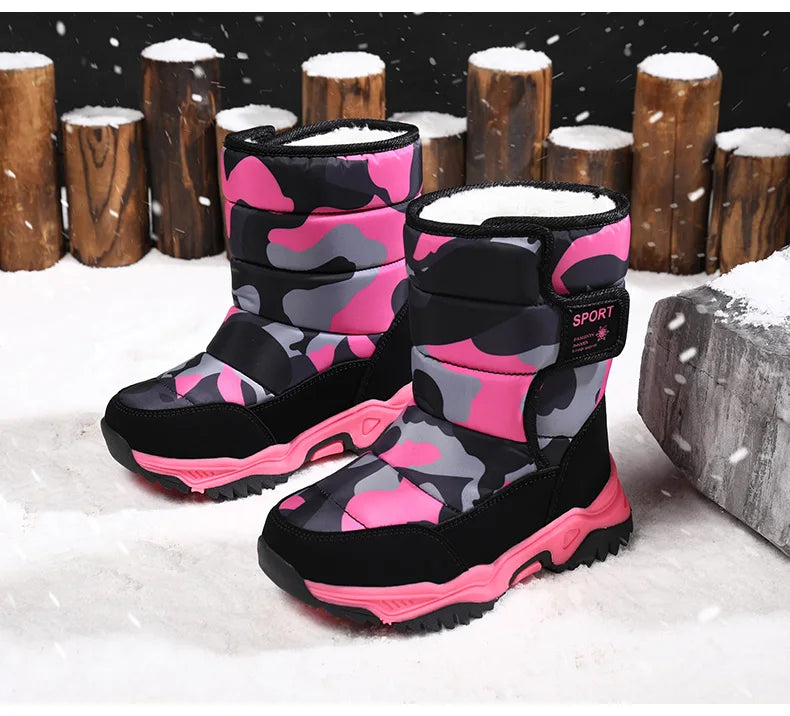 Winter Children Shoes Plush Waterproof Fabric Non-Slip Girl Shoes Rubber Sole Snow Boots Fashion Warm Outdoor Boots