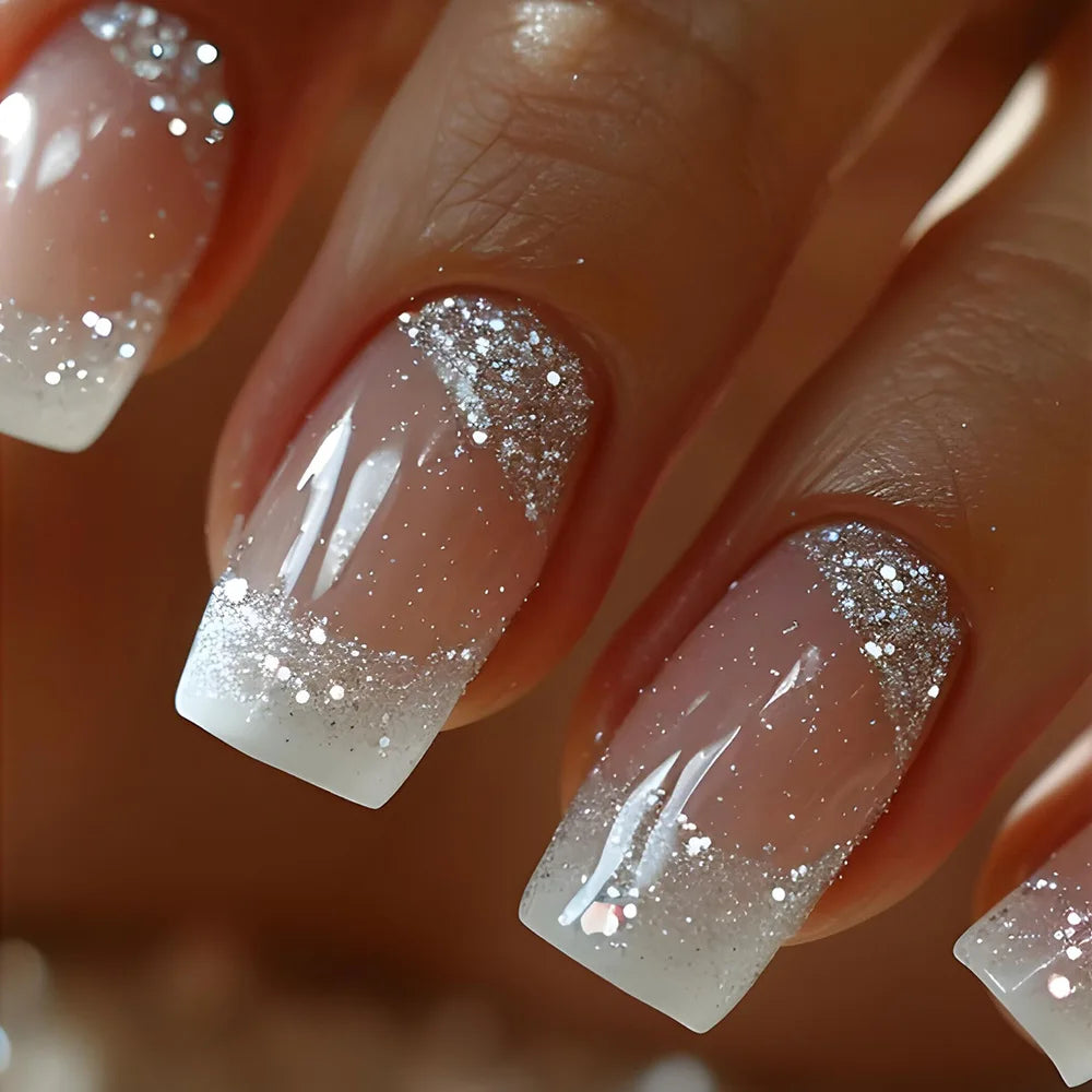 24 Uds uñas postizas de degradado blanco, cortas, cuadradas, bailarina, sencillas, de presión, usables, de color nude, puntas de manicura de cubierta completa