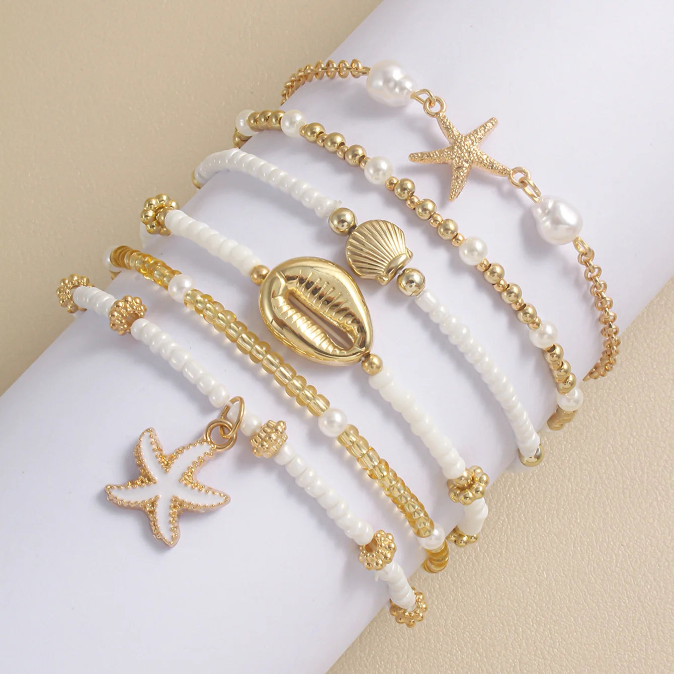Bohemian Shell Starfish Bead Bracelet Set for Women Fashion Summer Beach Multilayer Stacked Pearl Bracelets Party Jewelry Gifts