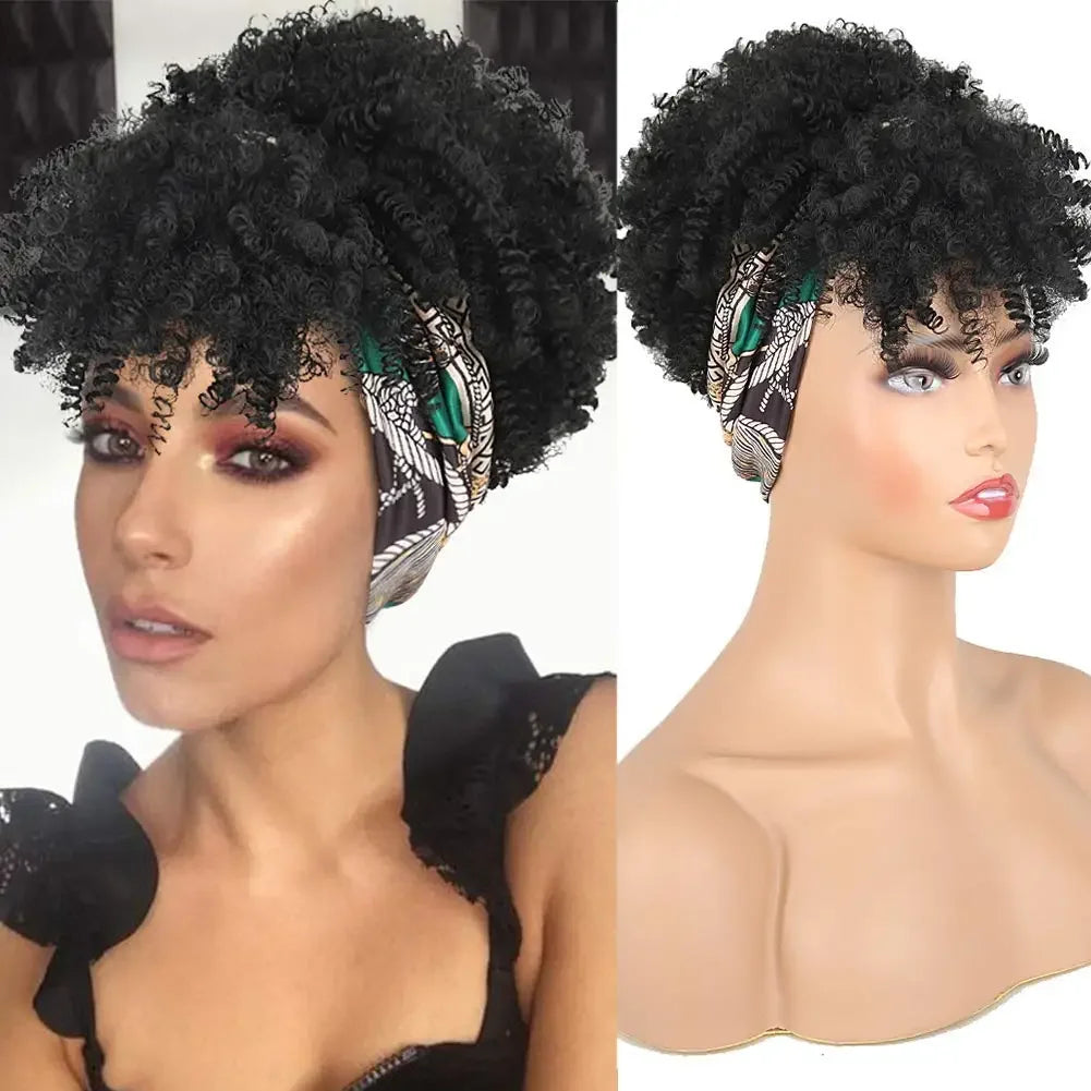 Synthetic wig short head African curly hair wig black female soft curly hair strap African headscarf wrapped around hair