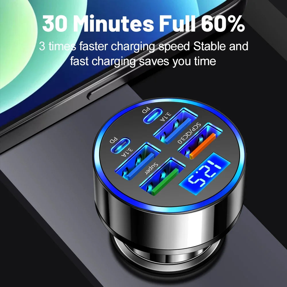 Chargeur de voiture PD 250 W USB Type C QC3.0, charge rapide, 6 ports, prise allume-cigare pour téléphone, charge rapide avec affichage numérique