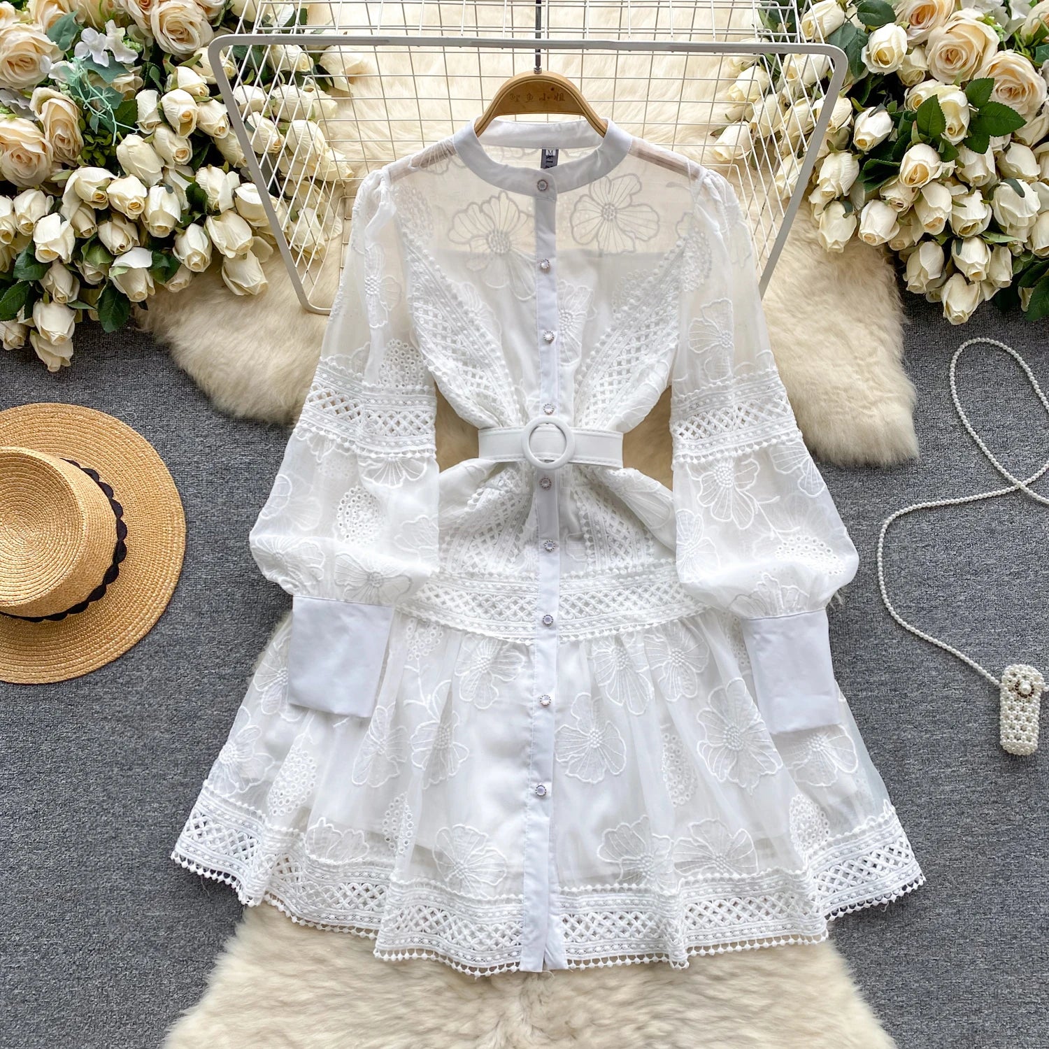 Vestido camisero de lujo para mujer de encaje blanco y negro, nuevo bordado vintage, manga farol con cinturón, ropa sexy INKEO 4D062