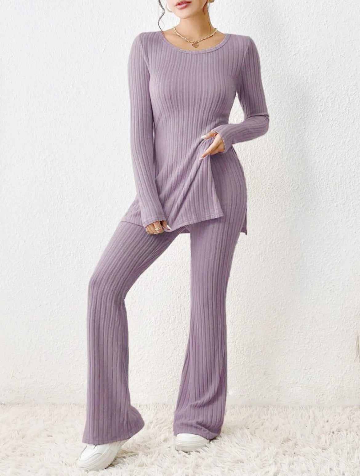 Ropa de Mujer Otoño Invierno Nuevo Estilo Color Sólido Sexy Casual Manga Larga Cuello Redondo Rajado Moda Temperamento Conjunto de Dos Piezas