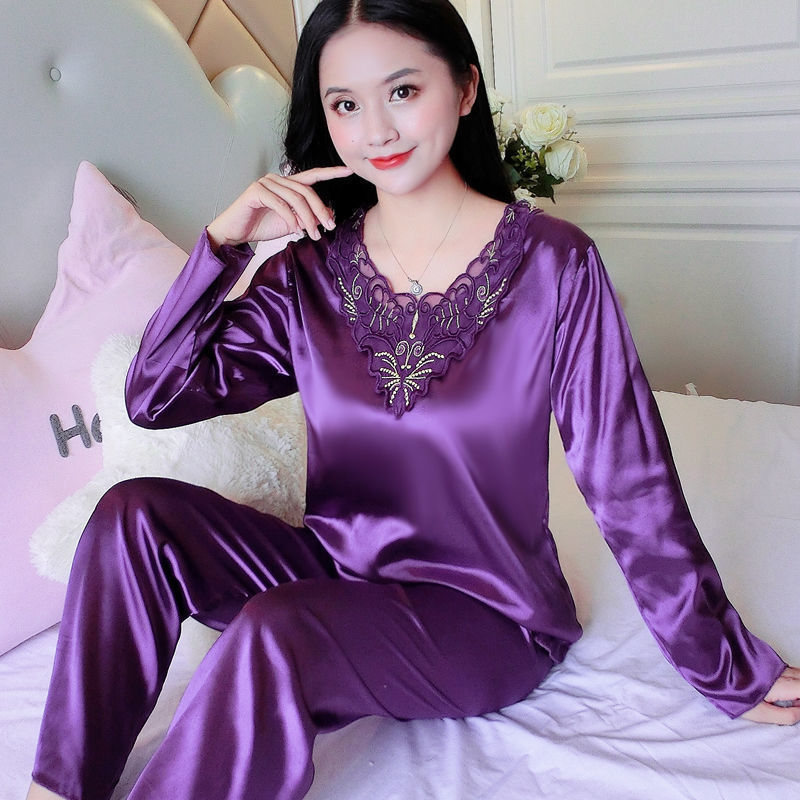 Women's Pajamas Set Summer Long Sleeve And Pants Pyjamas Two-piece Set Pajama Ice Silk Satin Sexy Sleepwear Home Suit Loungewear