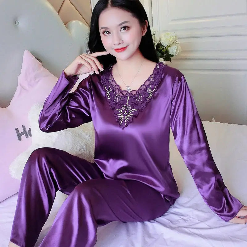 Women's Pajamas Set Summer Long Sleeve And Pants Pyjamas Two-piece Set Pajama Ice Silk Satin Sexy Sleepwear Home Suit Loungewear