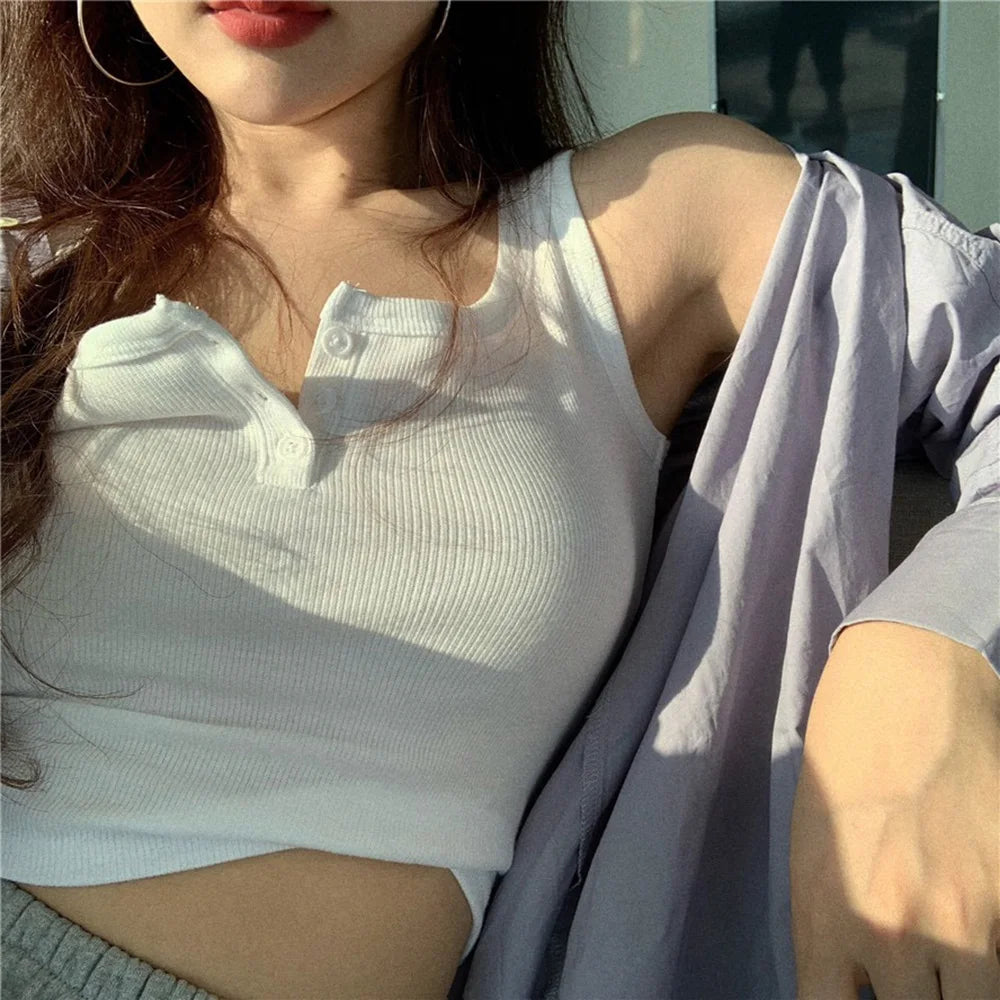 Camiseta sin mangas para mujer de canalé con botones, blusa sin mangas, color liso, informal, para mujer y adolescente, moderna, básica, vestidos de verano