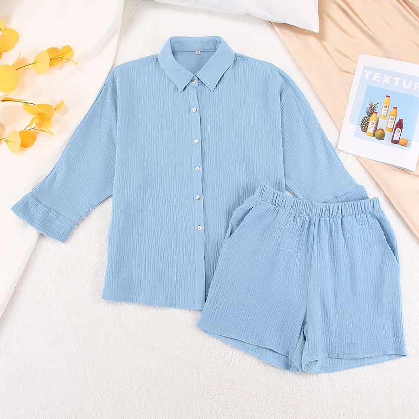 Cotton Pajamas For Women Sets Suit Casual Sleepwear Turn-Down Collar Nine Quarter Sleeve Sleep Tops Shorts Female Homewear 2023