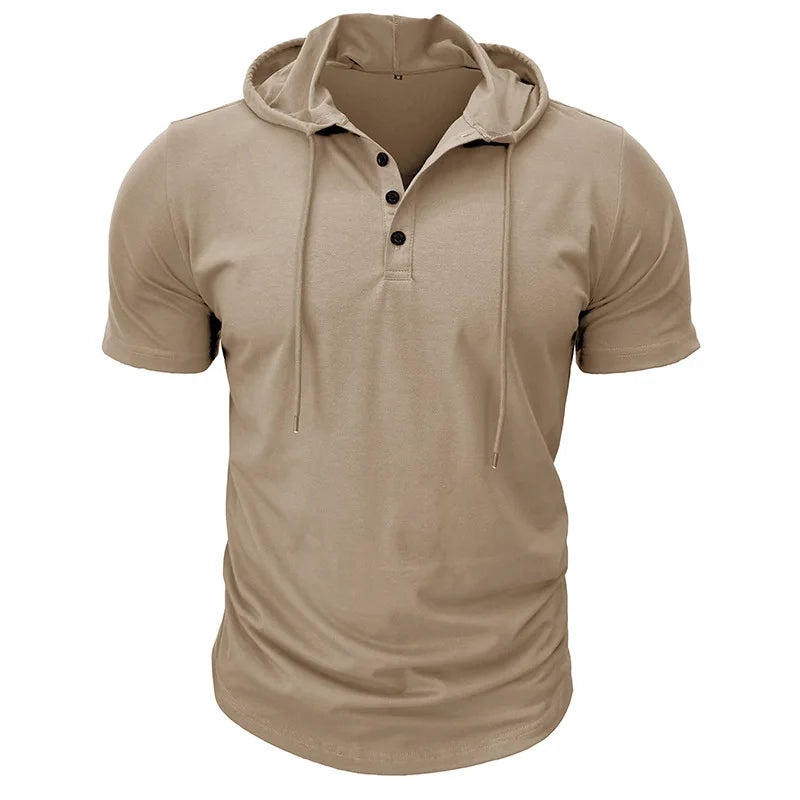 Men's Short-sleeved T-shirts for Sports and Fitness American-style Henley Shirt Hooded Top