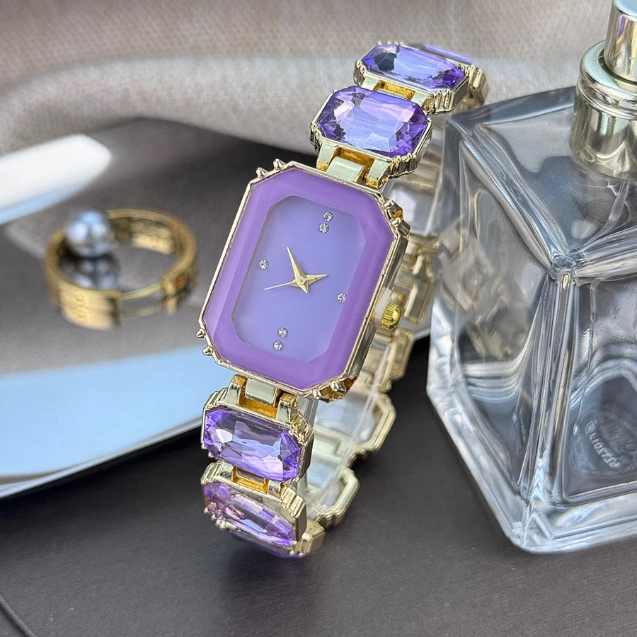reloj de señora estilo europeo y americano de moda con esfera de diamantes de imitación, caja rectangular de color con cadena de diamantes de imitación, sección grande de mujer