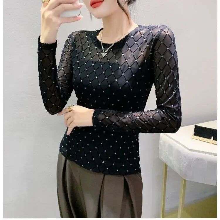 Women Clothing Spring Autumn Korean Fashion Sexy See Through Mesh Rhinestone Basic T Shirt Elegant O Neck Long Sleeve Slim Tops