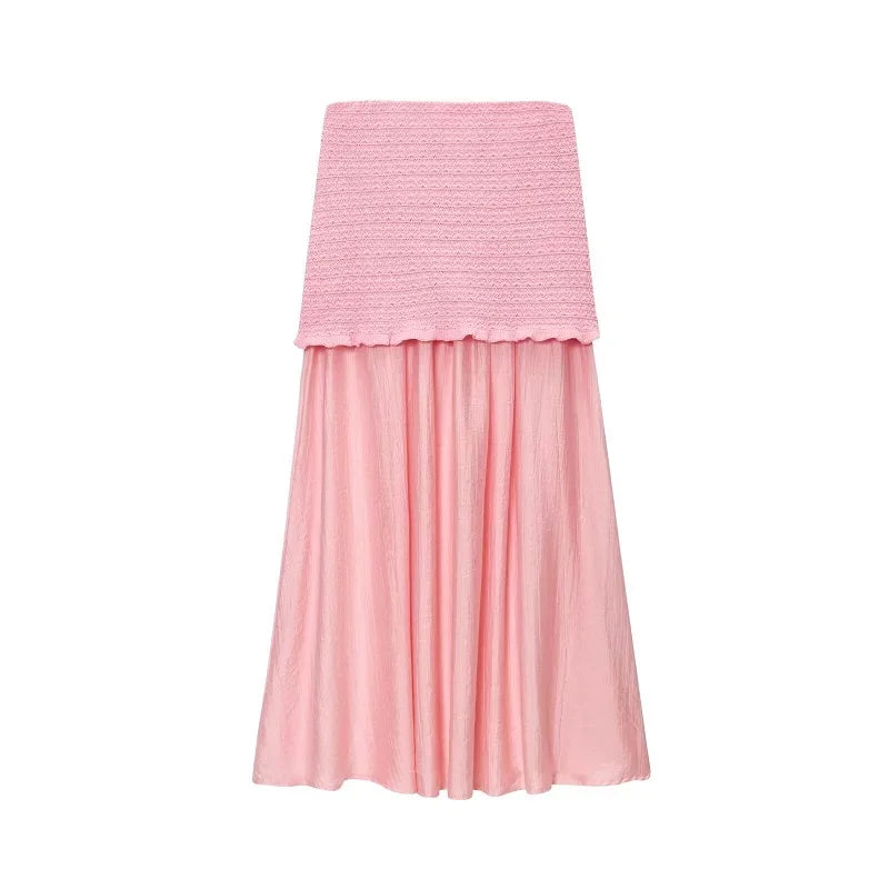 MUJER Conjunto de Falda Tejida Rosa 2 Piezas Falda Larga Plisada para Mujer Top con Volantes sin Hombros Conjunto de Faldas para Mujer Atuendo de Verano