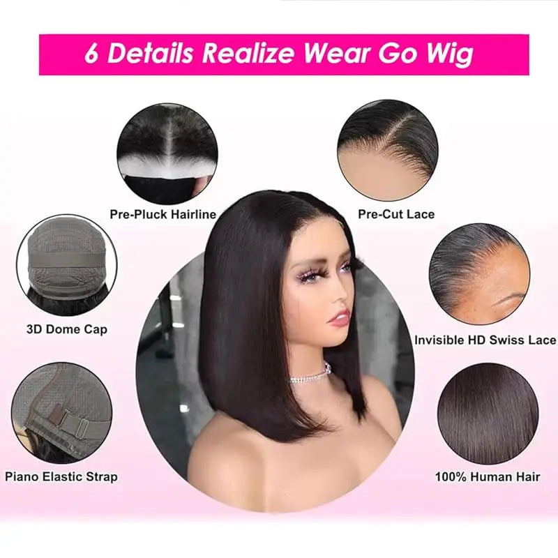 12 inch Glueless Human Hair Wigs Brazilian Straight Bob Wig 4x4 Pre Cut Lace Wigs For Women HD Lace Front Human Hair wigs