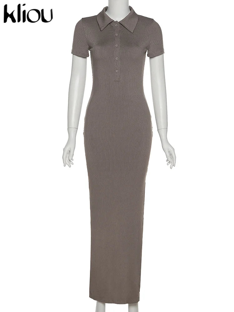 Kliou Elegante Vestido Largo de Oficina para Mujer Color Liso Cuello Vuelto Manga Corta Botones Abertura Lateral Moldeador de Cuerpo Estilo Urbano