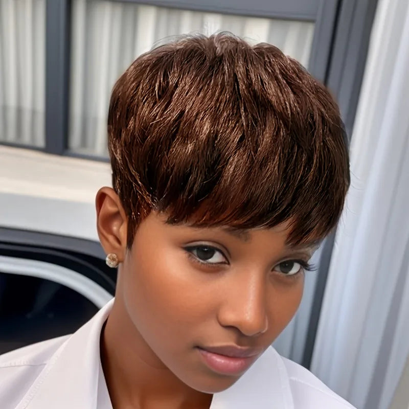 6inch brown/99j color 150% density pixie cut wig short straight machine made for women daily paty use human hair wigs 