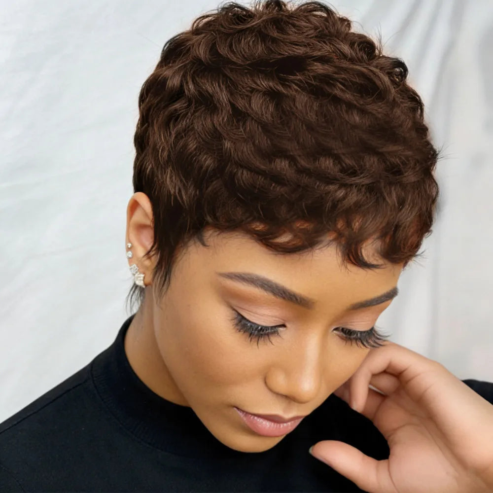 pixie daily party use wig pixie cut wig short straight brown black burgundy color for women layered human hair wig machine made