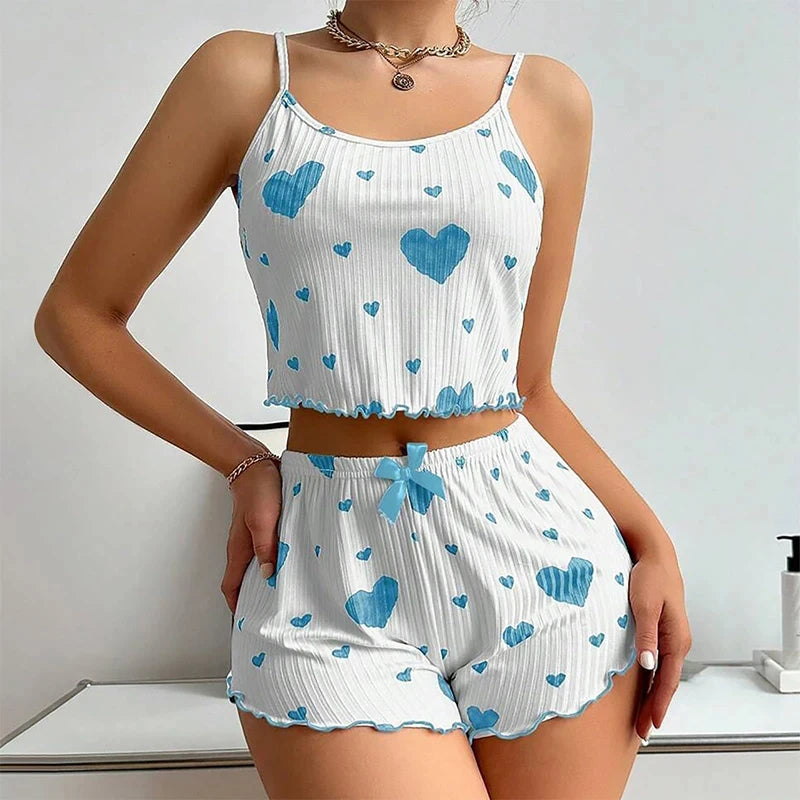 Ensemble pyjama 2 pièces pour femme, débardeur court et short, taille SML, blanc, respirant, doux, décontracté, imprimé Love