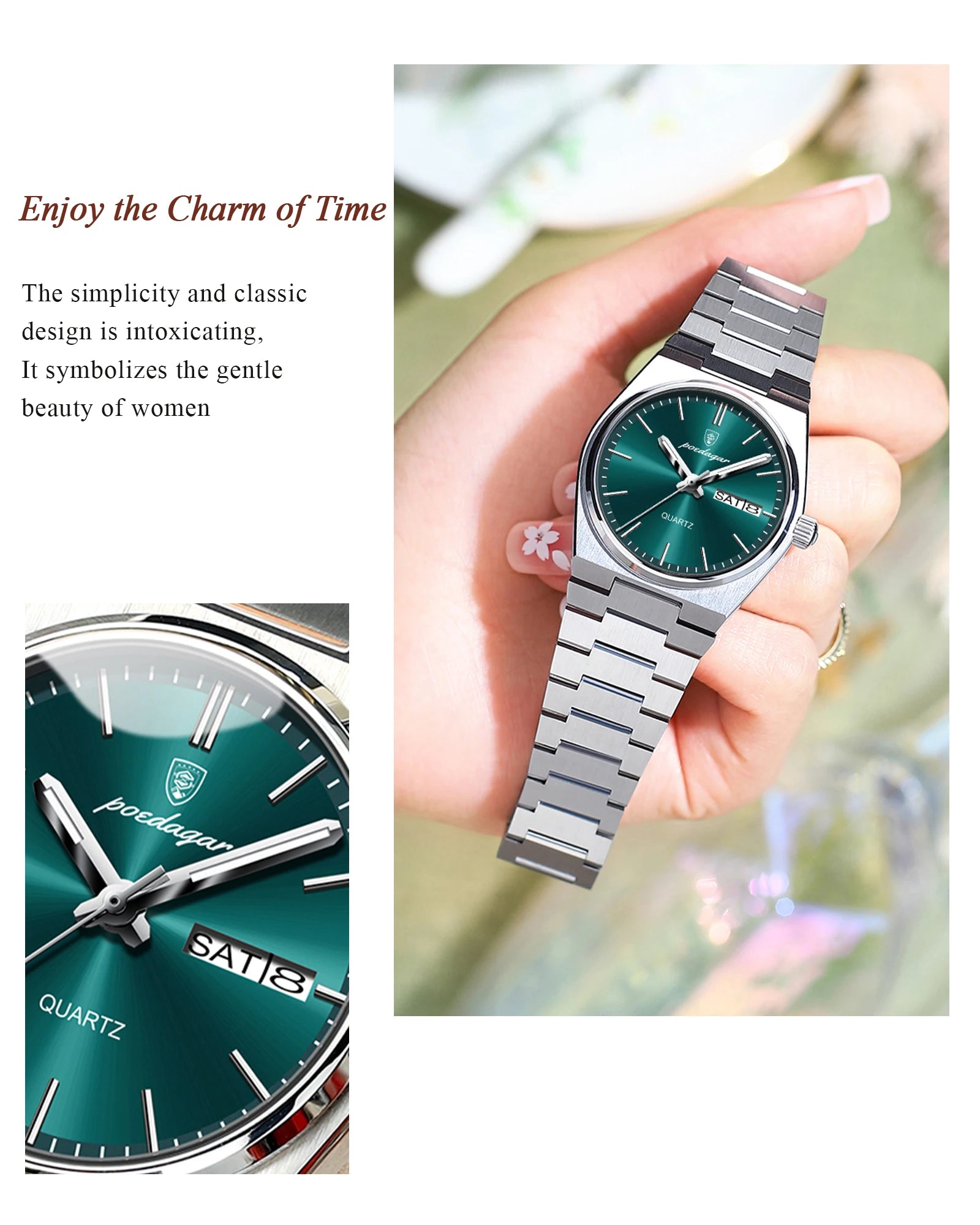 POEDAGAR Relojes Elegantes para Mujer Impermeable Luminoso Fecha Semana Reloj de Cuarzo de Acero Inoxidable para Mujer Reloj de Pulsera de Moda