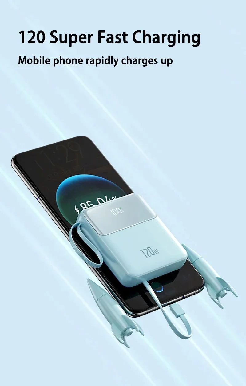 Bærbar powerbank 50000mAh 120W superrask lading mobil eksternt batteri med fire kabler lader egnet for iPhone Xiaomi