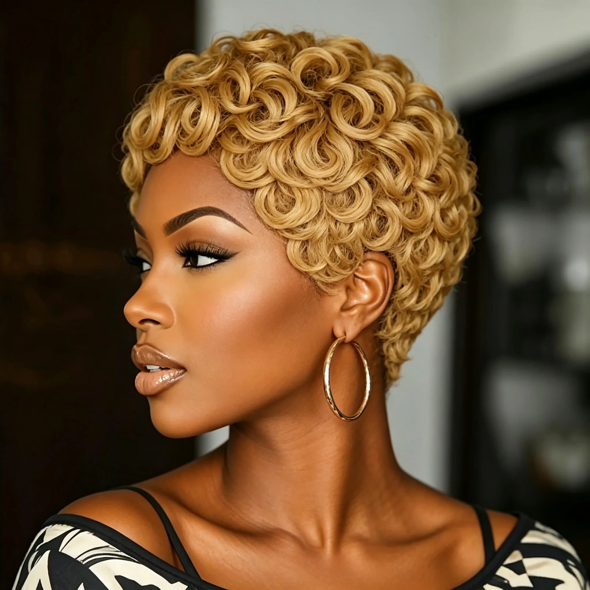 Blonde Bouncy Wave Curly Pixie Cut Human Hair Wig Vintage Dating Daily Hair Wig Machine Made Wig