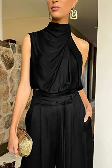 Ensemble deux pièces pour femme, pantalon ouvert au nombril, haut sans manches en soie plissée, pantalon large, ensemble assorti d'été 2024