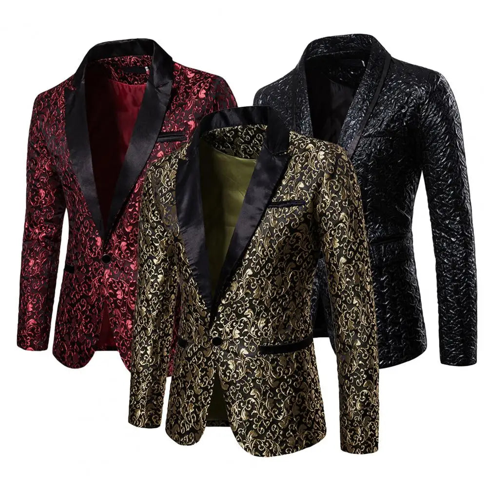 Chaqueta de hombre de lujo con jacquard, un botón, corte ajustado, cuello vuelto, de alta calidad, para bodas y banquetes