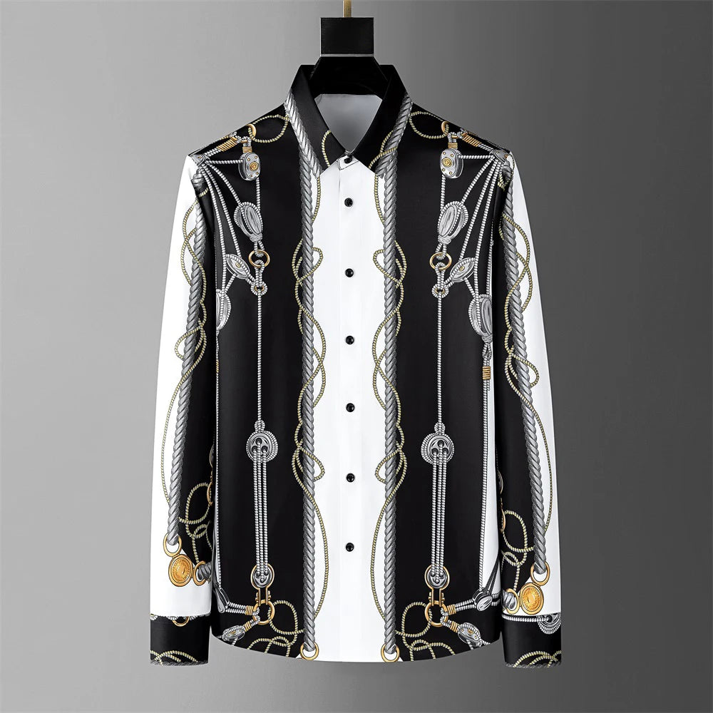 Camisa estampada de lujo camisa casual de manga larga para hombre corte entallado para fiesta social chaqué de hombre