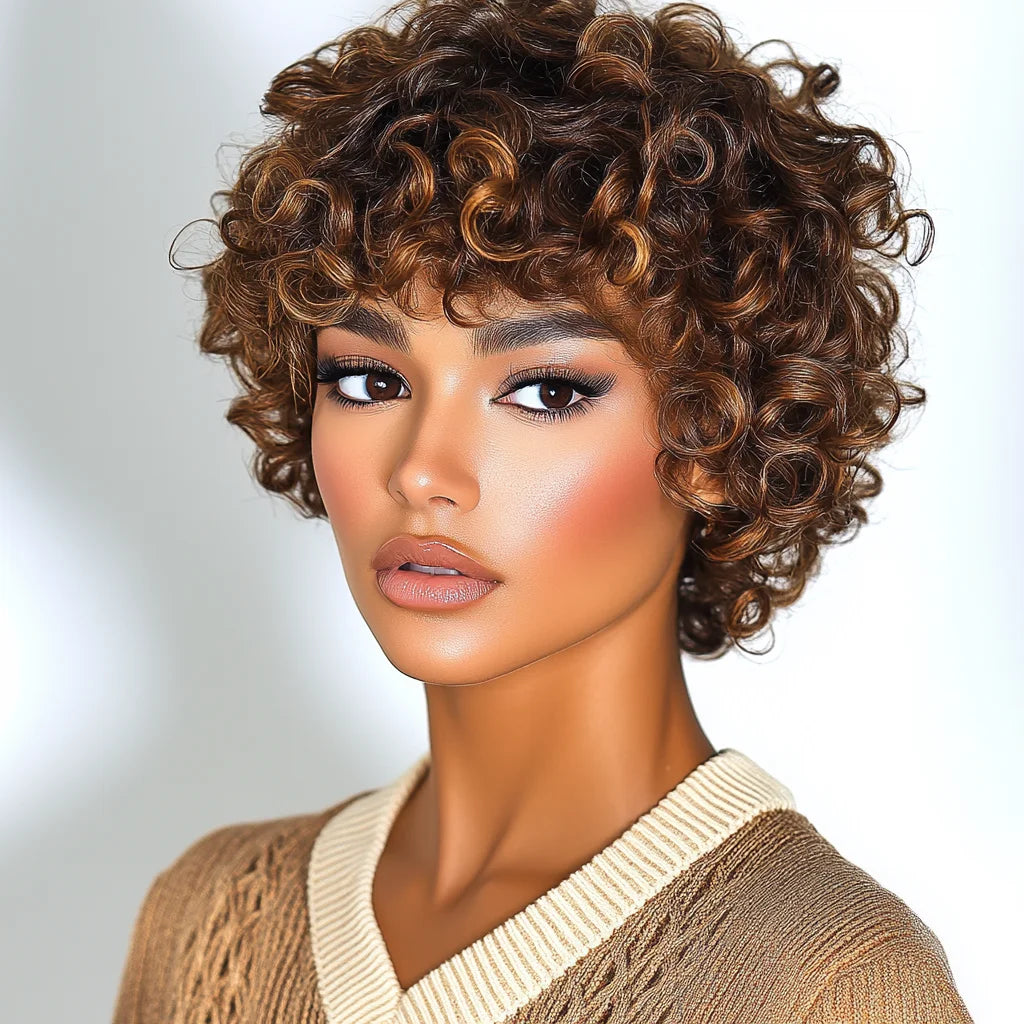 Peluca corta rizada kinky, pelucas de cabello humano, peluca afro rizada con corte pixie y flequillo, peluca brasileña marrón hecha a máquina, color degradado Rebecca