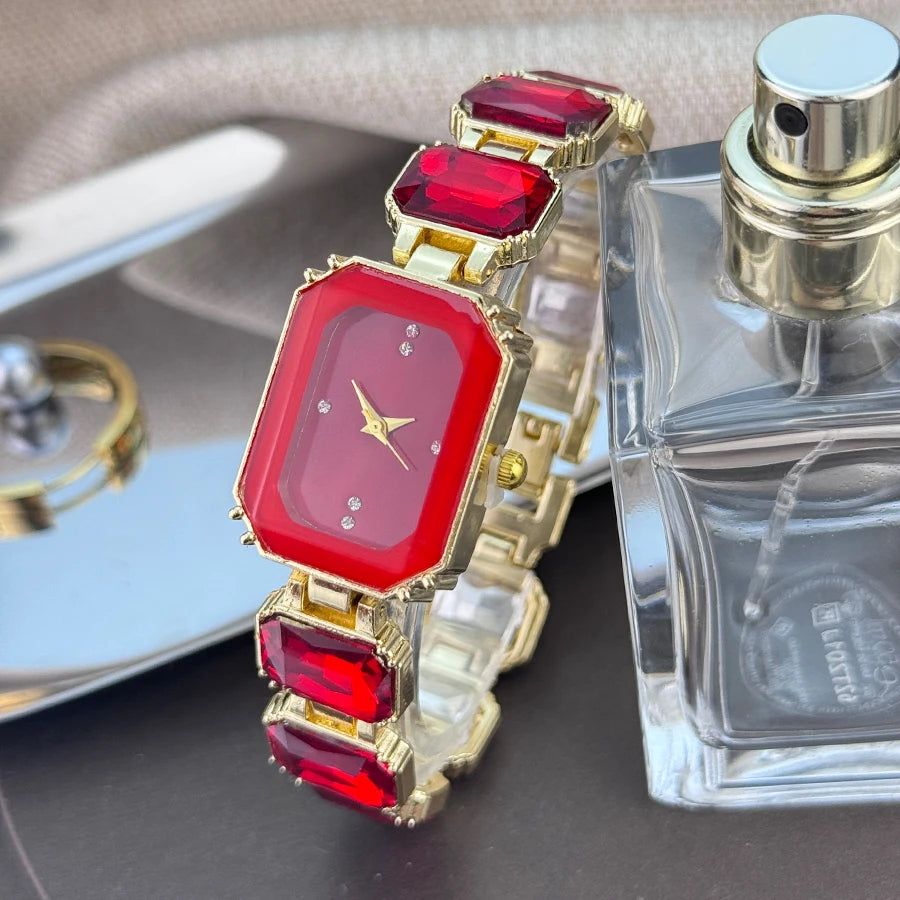 reloj de señora estilo europeo y americano de moda con esfera de diamantes de imitación, caja rectangular de color con cadena de diamantes de imitación, sección grande de mujer