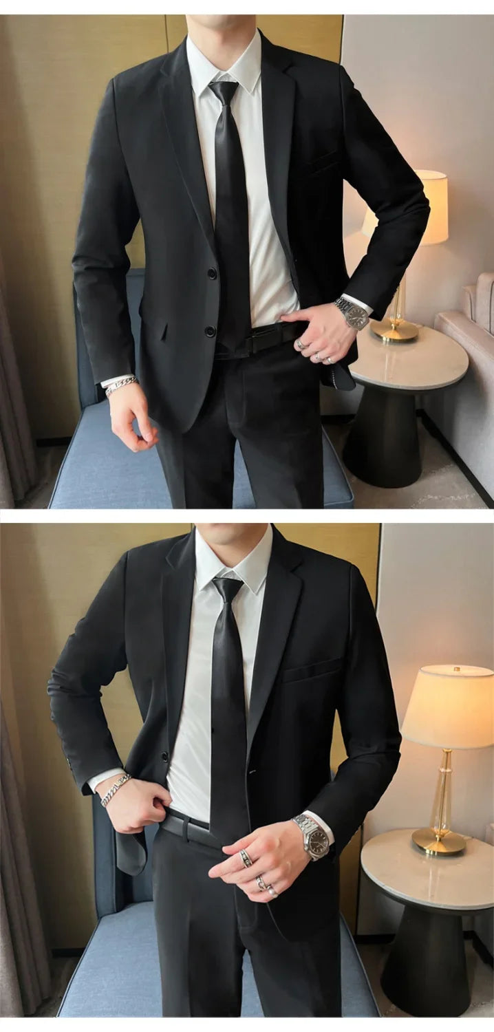 Trajes para Hombre Moda Coreana Manga Larga Ajustado Boda Negocios Blazer Negro Profesional Formal Conjuntos de Pantalones Ropa Hombre