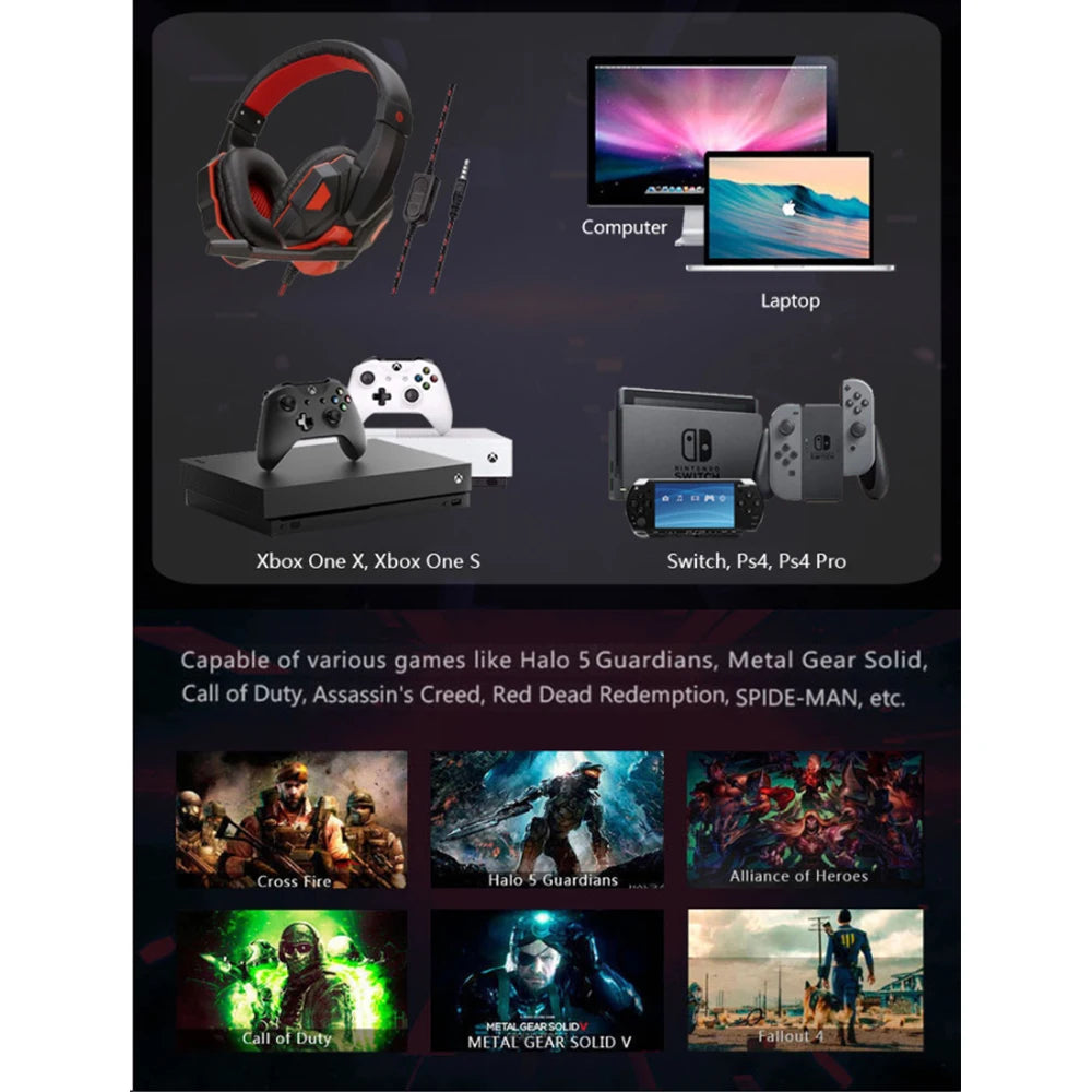 Kablet PS4/PS5/Xbox/Smarttelefon/PC-headset Spillheadset 120° justerbart spillheadset med støydempende mikrofon