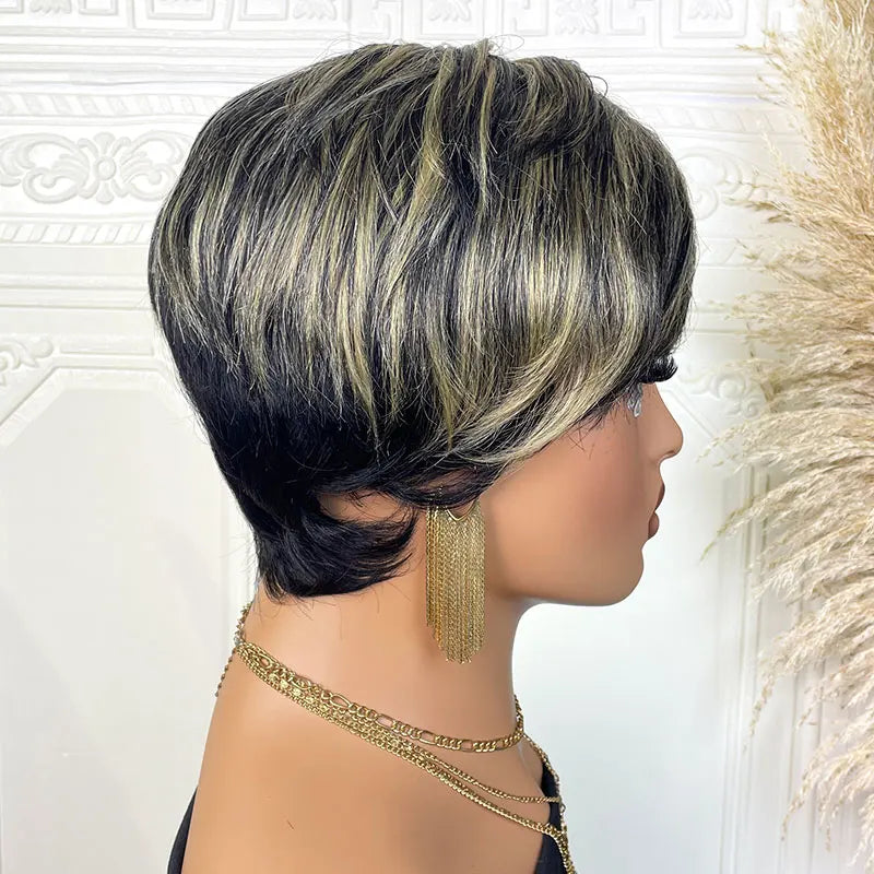Short Straight Human Hair Wigs Highlight Color Brazilian Remy Hair Pixie Cut Wig Cheap Human Hair Machine Wig For Black Women