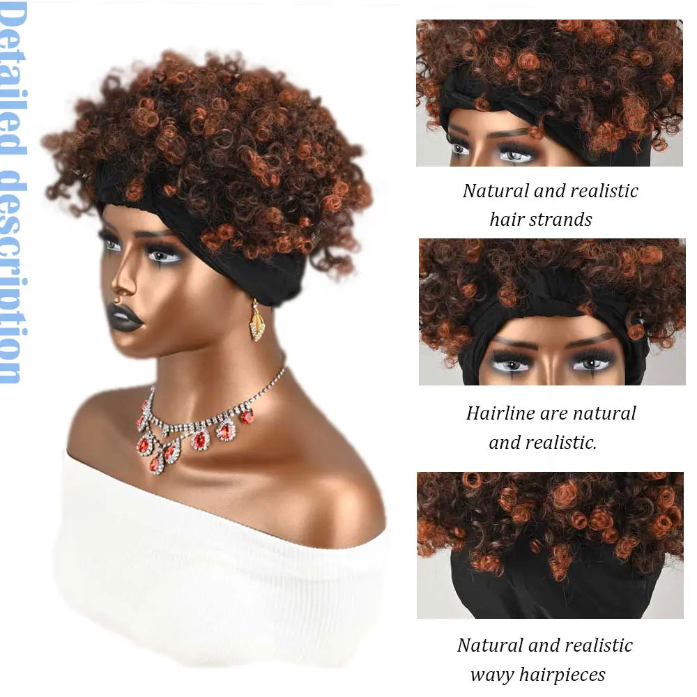Peluca de diadema rizada afro, peluca de pelo sintético con fibra rojiza y ombre, peluca de turbante sin pegamento para uso diario