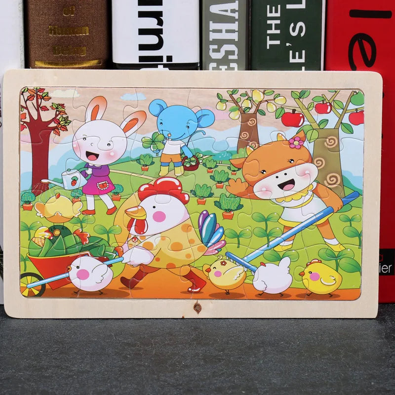 Rompecabezas de madera de 24 piezas para niños, diseño de animales de dibujos animados, juguete educativo temprano de madera para niños, regalo
