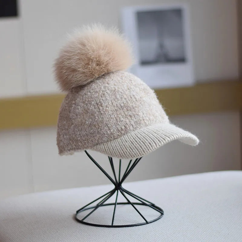 Gorra de béisbol unisex de invierno de moda para mujer, gorro de papá de lana de cordero de lujo con pompón de piel, gorra de papá cálida para invierno al aire libre de Hip Hop